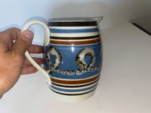 Load image into Gallery viewer, Staffordshire Mochaware Mocha Pitcher With Earthworm On Blue Background 1820