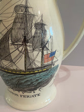 Load image into Gallery viewer, Staffordshire Creamware Liverpool Pitcher Boston Frigate Polychrome Ship Building Scene