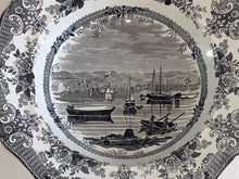Load image into Gallery viewer, Historical Staffordshire Black Transfer Soup Plate “Southwest view of the Town of Charlotte Amalie in the Island of Saint Thomas 1835