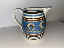 Load image into Gallery viewer, Staffordshire Mochaware Mocha Pitcher With Earthworm On Blue Background 1820