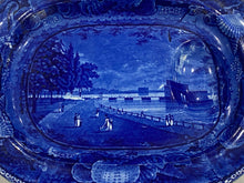 Load image into Gallery viewer, Historical Staffordshire Blue Well and Tree Platter Castle Gardens Battery New York Ca. 1825