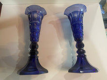 Load image into Gallery viewer, Boston Sandwich Glass Blue Vase 4 Thumbprint Matched Pair Ca. 1840