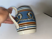 Load image into Gallery viewer, Staffordshire Mochaware Mocha Pitcher With Earthworm On Blue Background 1820