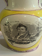 Load image into Gallery viewer, Staffordshire War or 1812 Pitcher Captain Hull and Pike Yellow Background