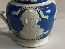 Load image into Gallery viewer, Historical Staffordshire Blue Jasperware Washington and Lafayette Pitcher 1830
