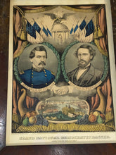 Load image into Gallery viewer, Original Currier & Ives Grand National Democratic Banner Peace Union and Victory Genl. George McClellan Hon. H. Pendleton