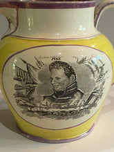 Load image into Gallery viewer, Staffordshire War or 1812 Pitcher Captain Hull and Pike Yellow Background