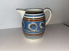 Load image into Gallery viewer, Staffordshire Mochaware Mocha Pitcher With Earthworm On Blue Background 1820