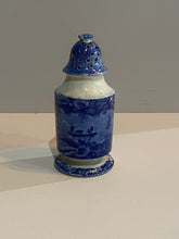 Load image into Gallery viewer, Historical Staffordshire Blue Pepper Pot 2 Men In Sailboat Shell Border Rare