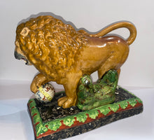Load image into Gallery viewer, Staffordshire Pearlware Lion Mantle Figure With Globe Ca. 1820’s