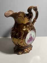 Load image into Gallery viewer, Historical Staffordshire Copper Luster Pitcher William Henry Harrison Log Cabin