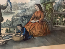 Load image into Gallery viewer, Original Currier & Ives Print Home From The Brook Lucky Fisherman Large Folio