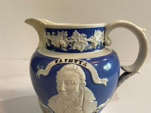 Load image into Gallery viewer, Historical Staffordshire Blue Jasperware Washington and Lafayette Pitcher 1830