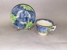 Load image into Gallery viewer, Rainbow Spatterware Childs Size Cup and Saucer Blue and Green Ca. 1830