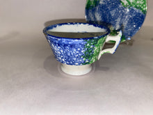 Load image into Gallery viewer, Rainbow Spatterware Childs Size Cup and Saucer Blue and Green Ca. 1830