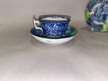 Load image into Gallery viewer, Rainbow Spatterware Childs Size Cup and Saucer Blue and Green Ca. 1830