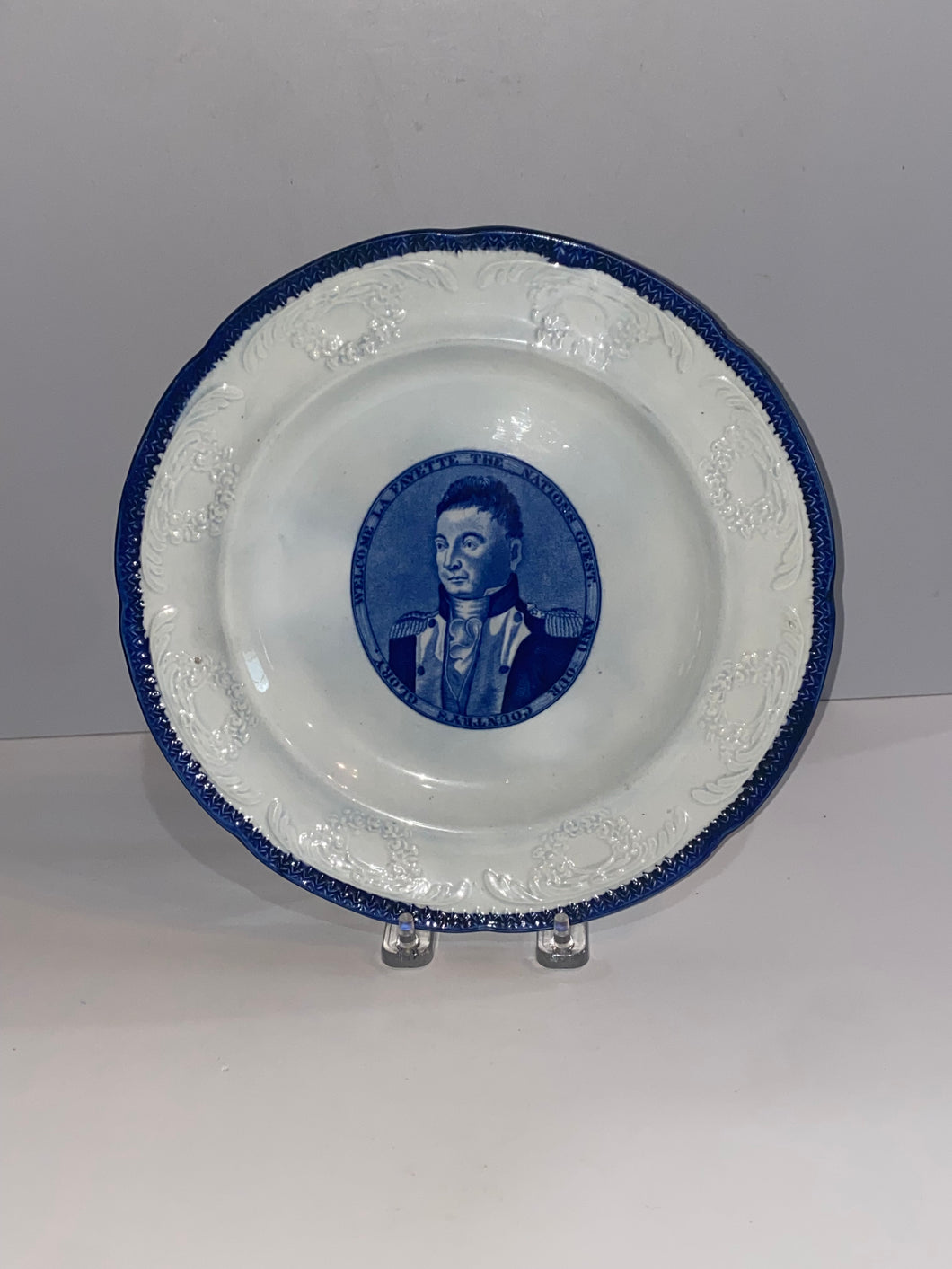 Historical Staffordshire Blue Welcome Lafayette Nations Guest Dinner Plate Ca. 1825