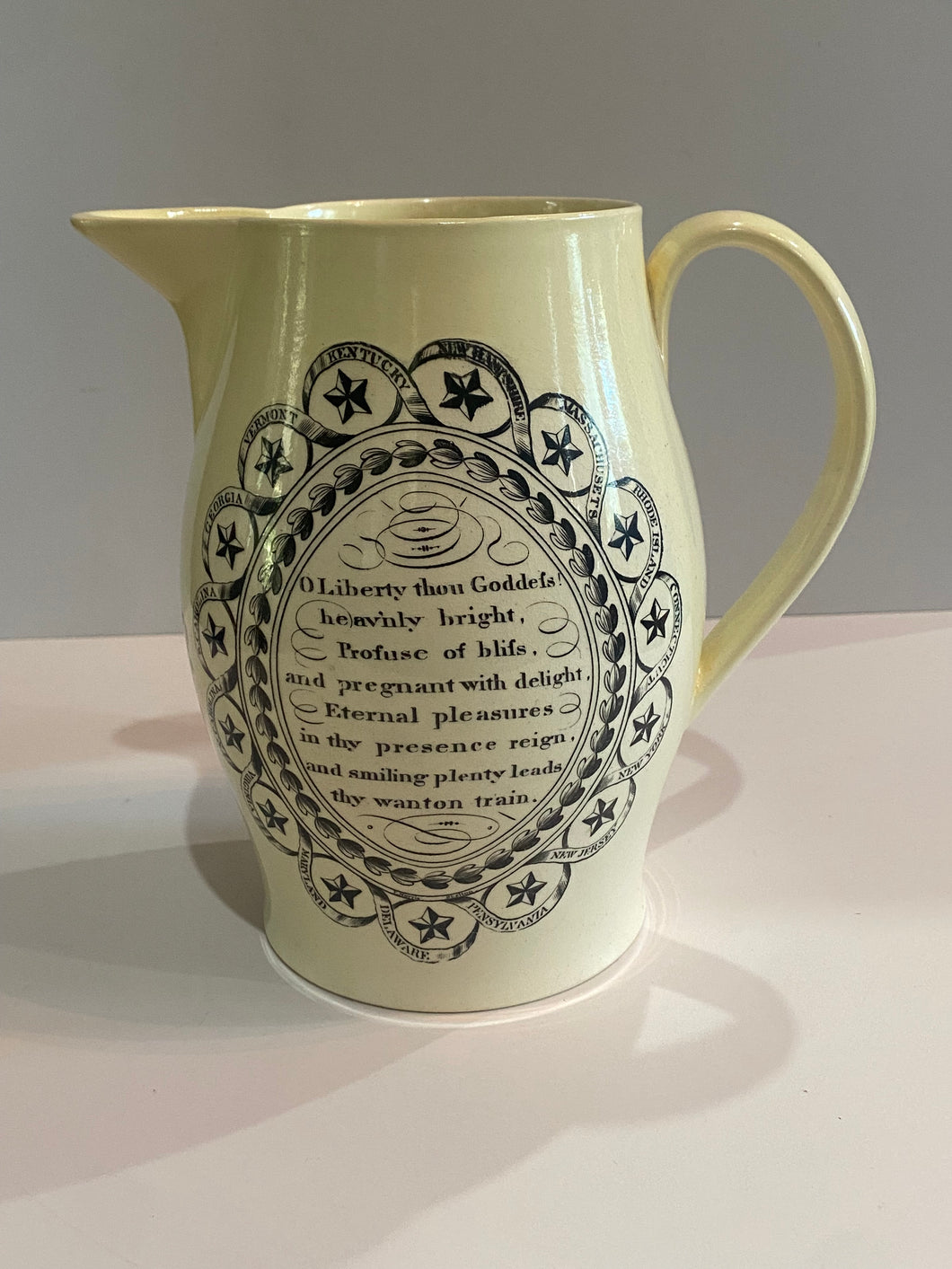 Staffordshire Creamware Liverpool Pitcher Liberty Wanton Train Poem with Chain of States Bakers Arms