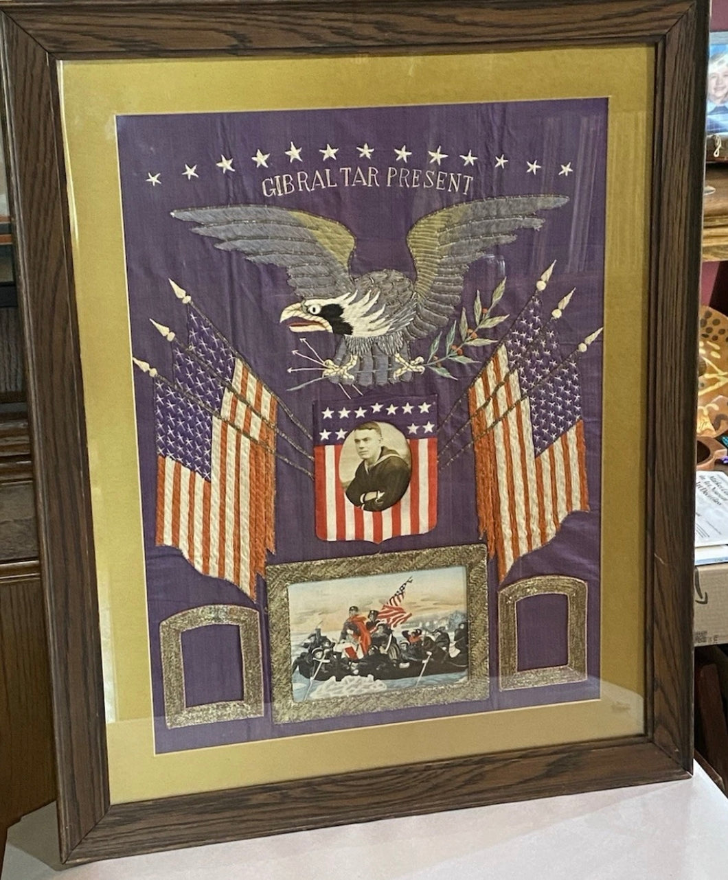 Antique Japanese Silk Embroidery Navy Memorabilia Eagle Sailor Washington