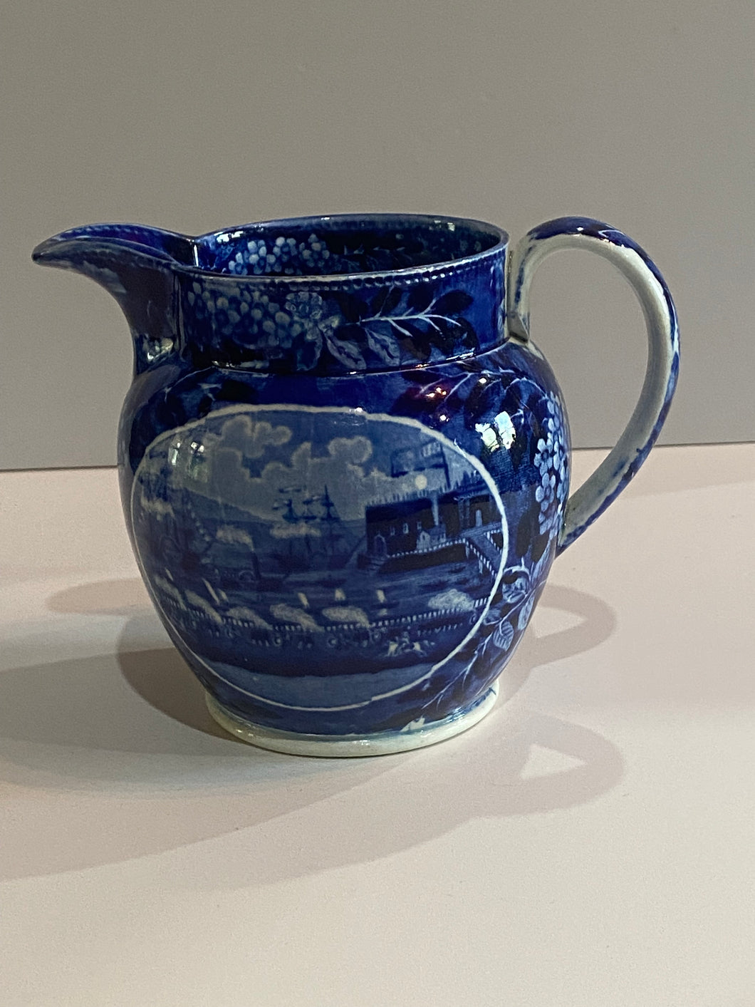 Historical Staffordshire Blue Landing Of Lafayette Pitcher Ca. 1825