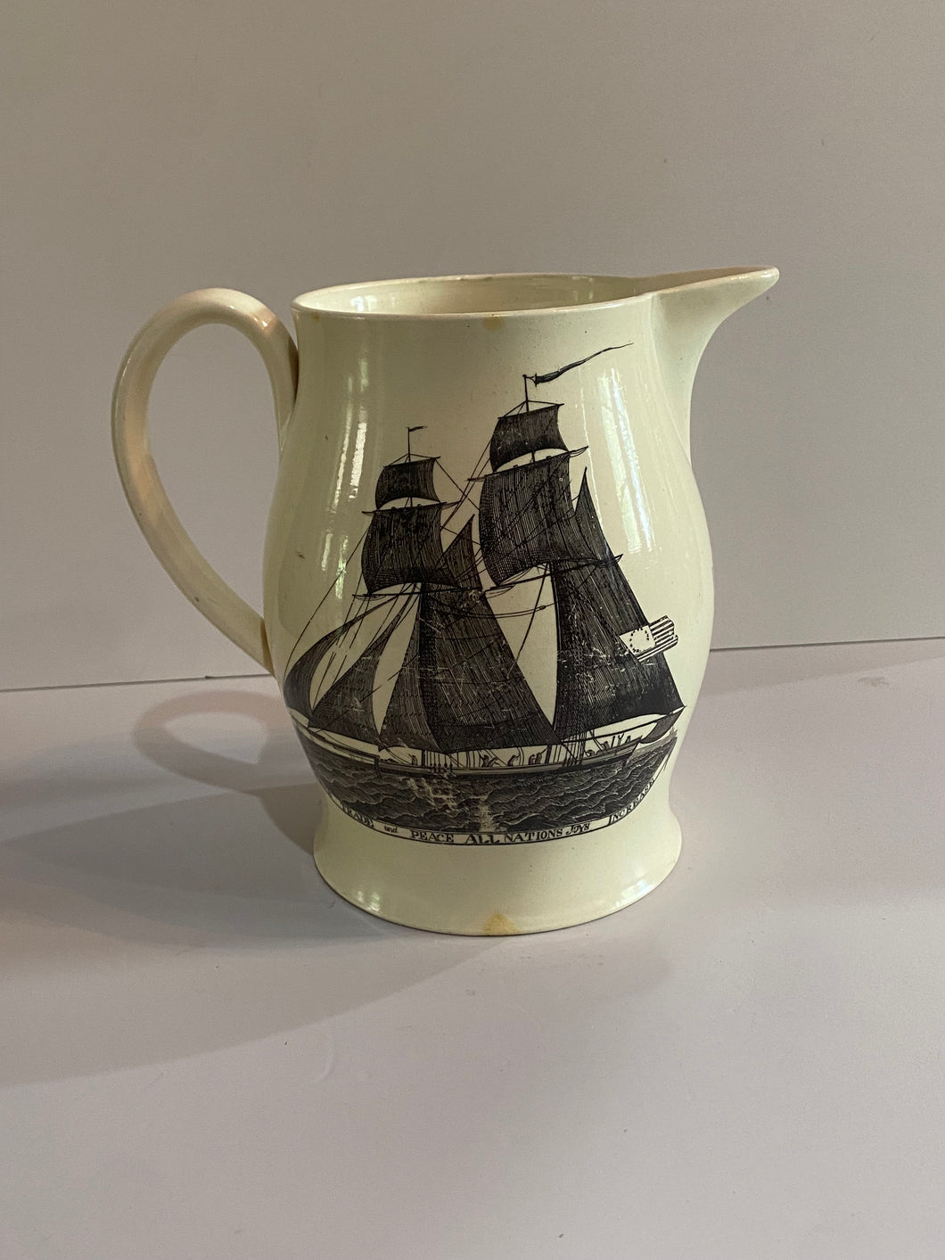 Staffordshire Creamware Liverpool Pitcher Apotheosis Washington American Ship