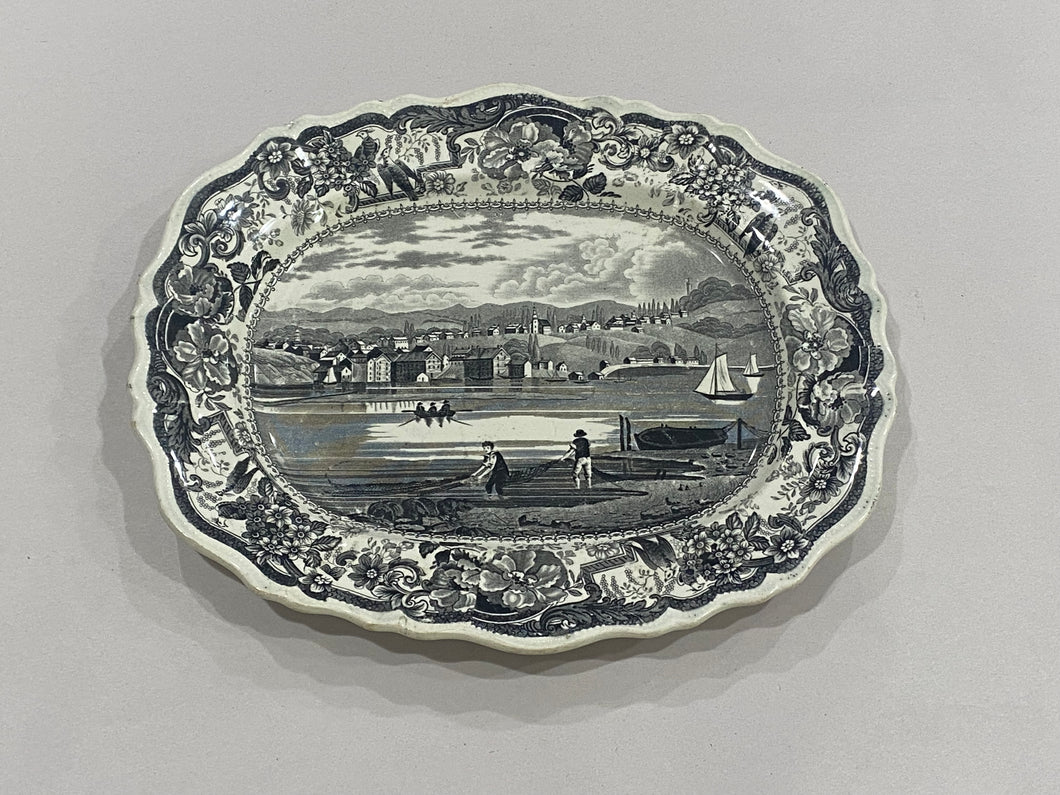 Historical Staffordshire Black Transfer Hudson, Hudson River New York Small Platter