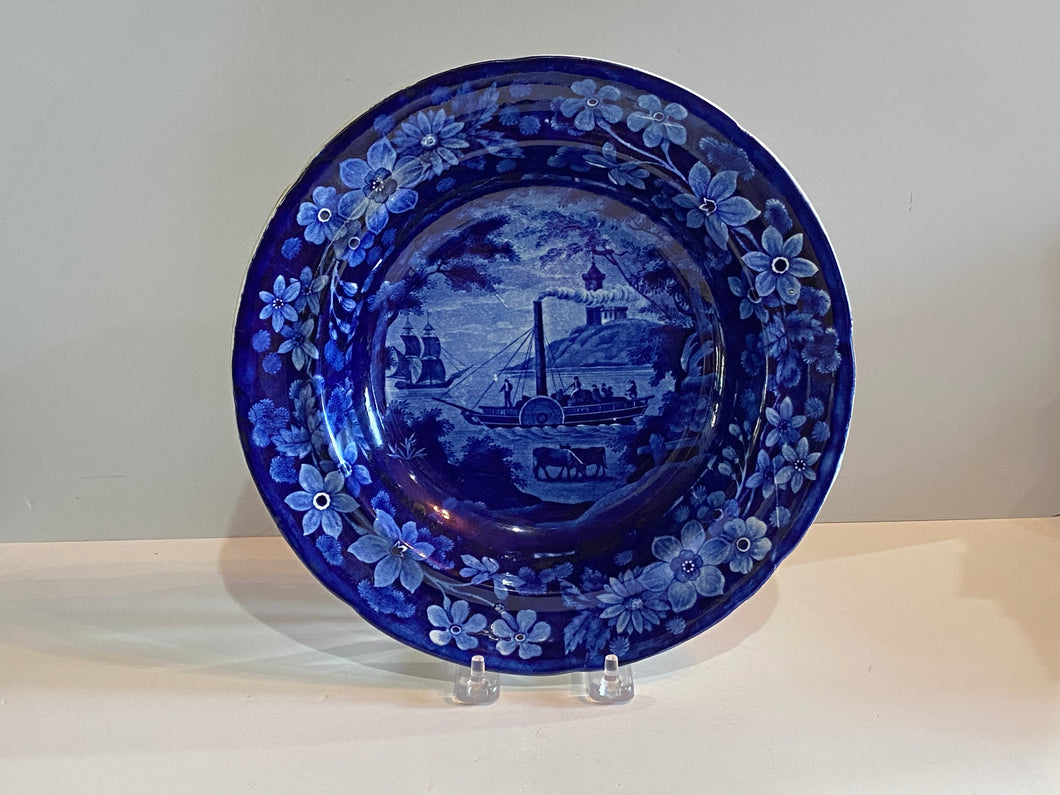 Historical Staffordshire Blue Soup Plate Fulton Steamboat Ca. 1825
