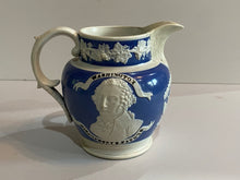Load image into Gallery viewer, Historical Staffordshire Blue Jasperware Washington and Lafayette Pitcher 1830
