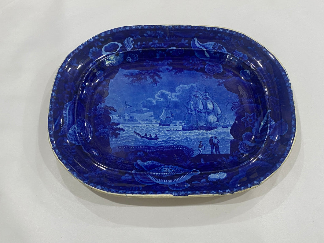 Historical Staffordshire Blue Platter Christianburg Danish Settlement on the Gold Coast of Africa