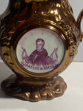 Load image into Gallery viewer, Historical Staffordshire Copper Luster Pitcher William Henry Harrison Log Cabin

