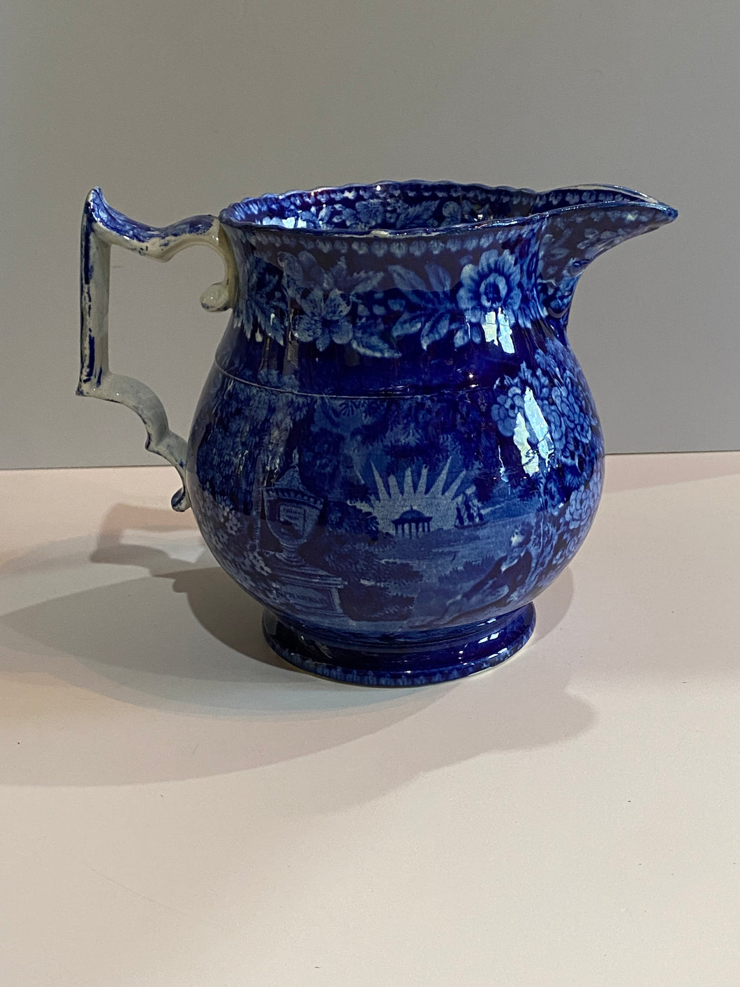 Historical Staffordshire Blue Lafayette At Franklins Tomb Pitcher
