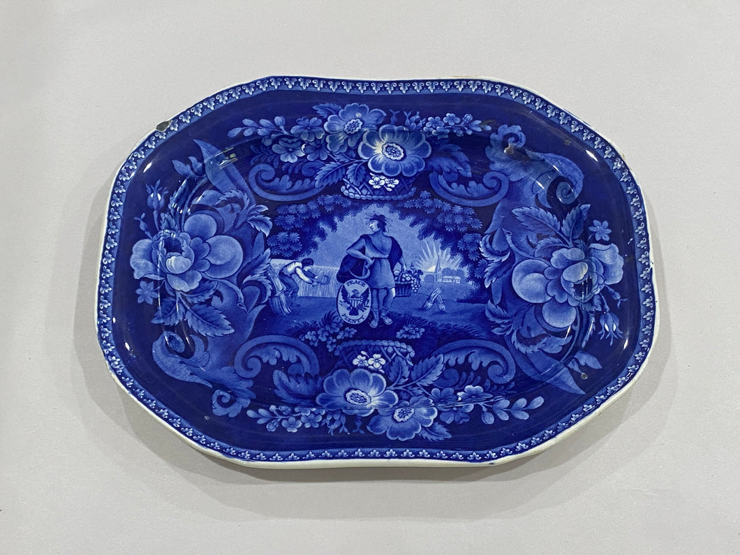 Historical Staffordshire Blue Platter Peace and Plenty by Clews 15 1/4”