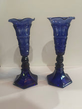 Load image into Gallery viewer, Boston Sandwich Glass Blue Vase 4 Thumbprint Matched Pair Ca. 1840
