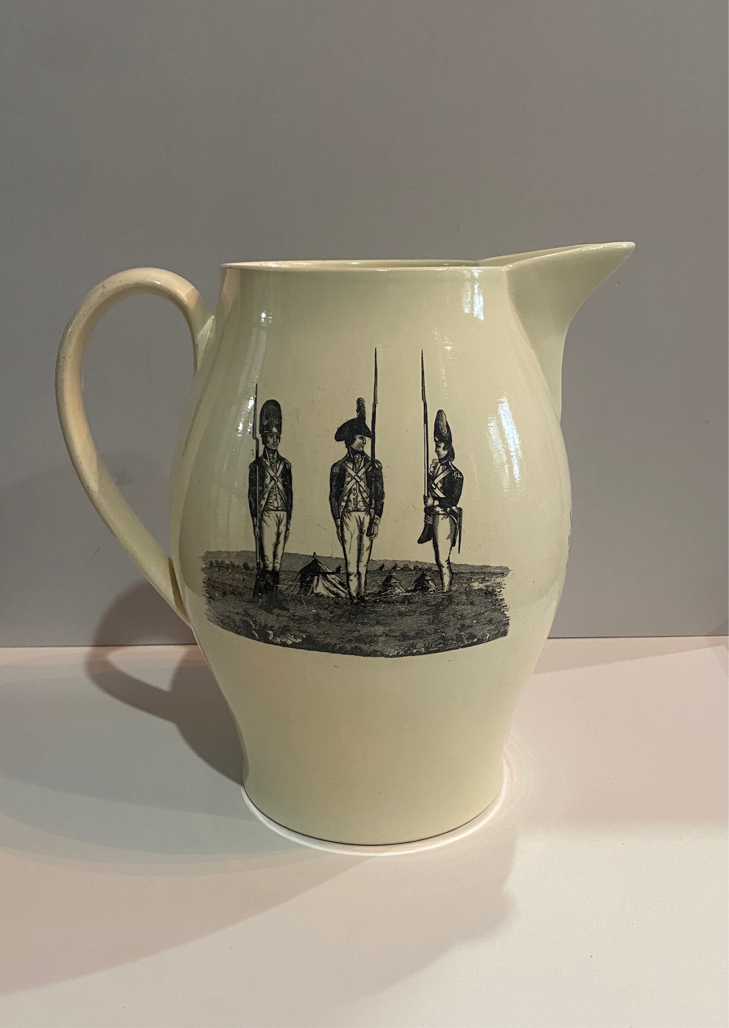 Staffordshire Creamware Liverpool Pitcher with American Soldiers and Soldiers Farewell Poem Transfer Ca. 1800 Massachusetts Revolutionary Soldier