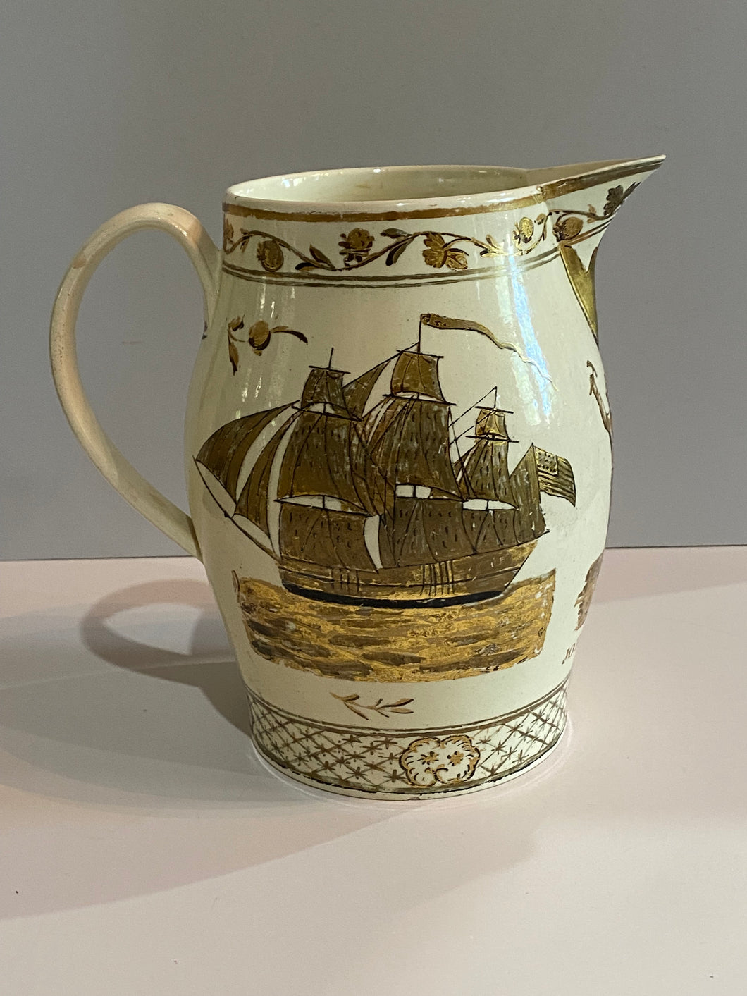 Staffordshire Creamware Liverpool Pitcher American Ships All In Gold Gilt