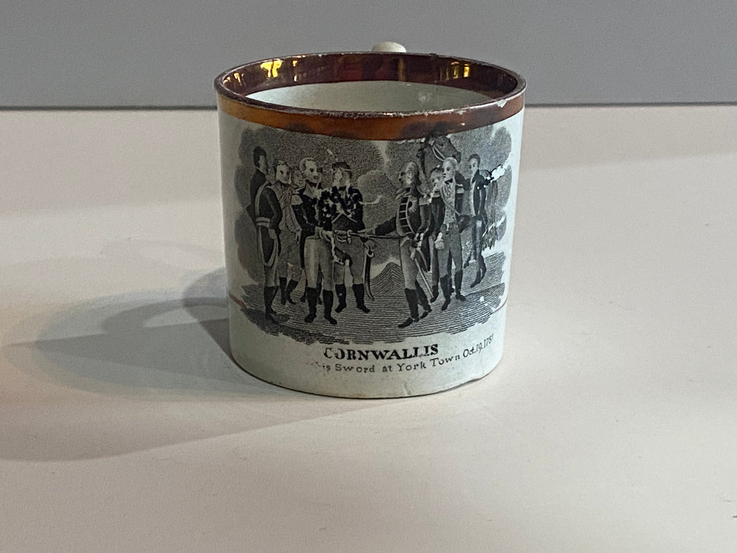 Historical Staffordshire Childrens Mug Cornwallis Surrendering Sword at Yorktown Va.