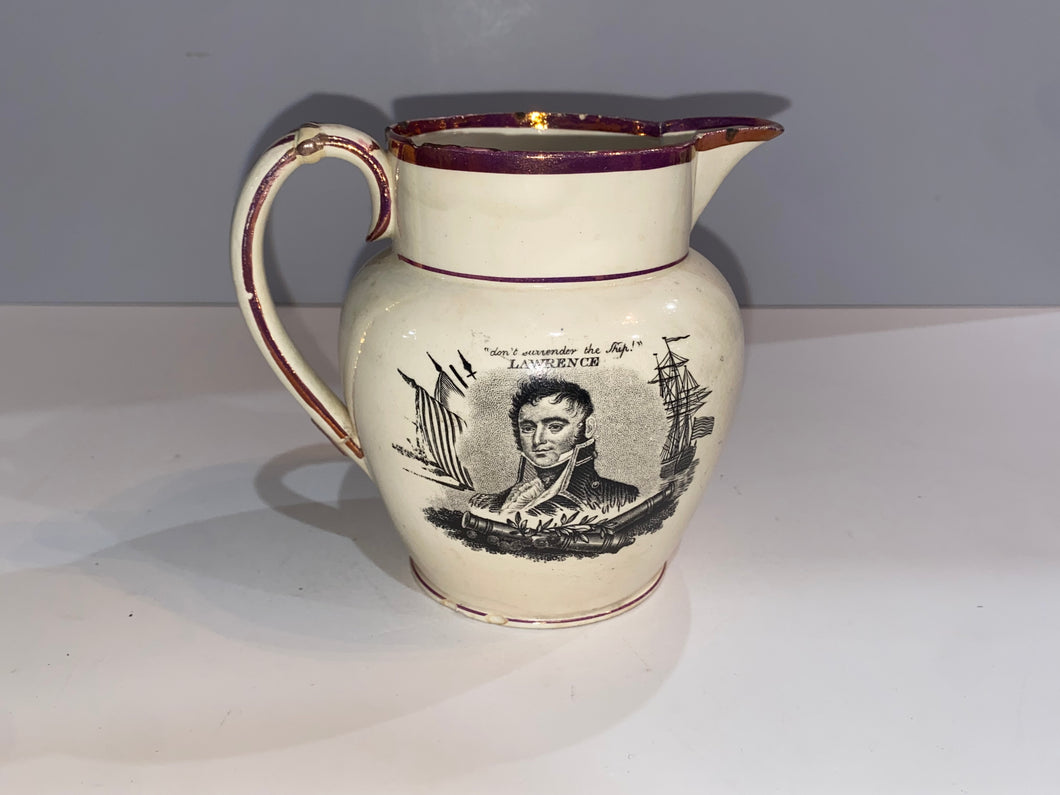 Staffordshire War of 1812 Pitcher with Commodore Bainbridge and Lawrence Ca. 1815