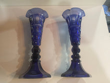 Load image into Gallery viewer, Boston Sandwich Glass Blue Vase 4 Thumbprint Matched Pair Ca. 1840
