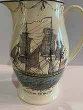 Load image into Gallery viewer, Staffordshire Creamware Liverpool Pitcher Boston Frigate Polychrome Ship Building Scene
