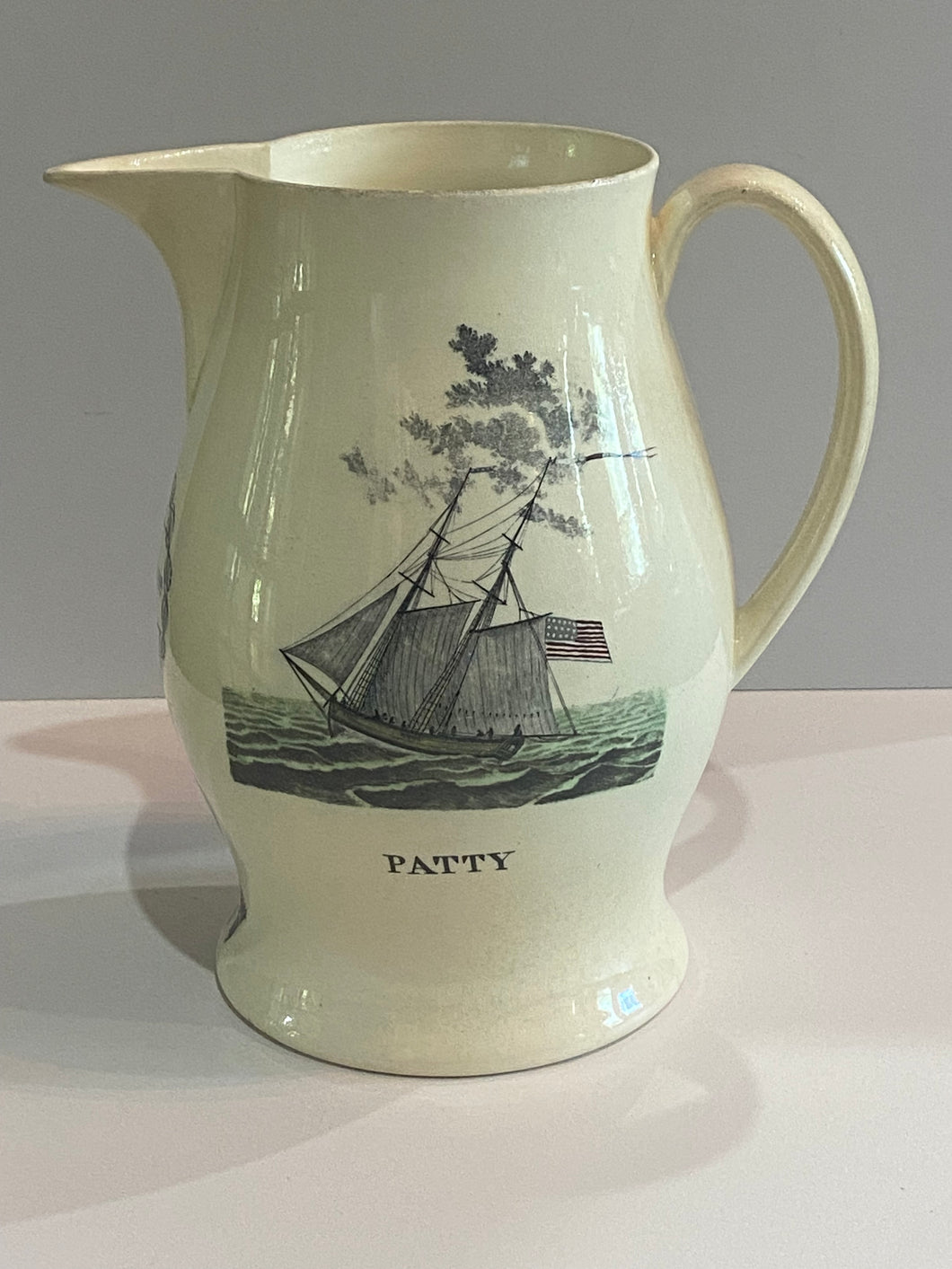 Staffordshire Creamware Liverpool Pitcher Polychrome Ship With Washington Eagle