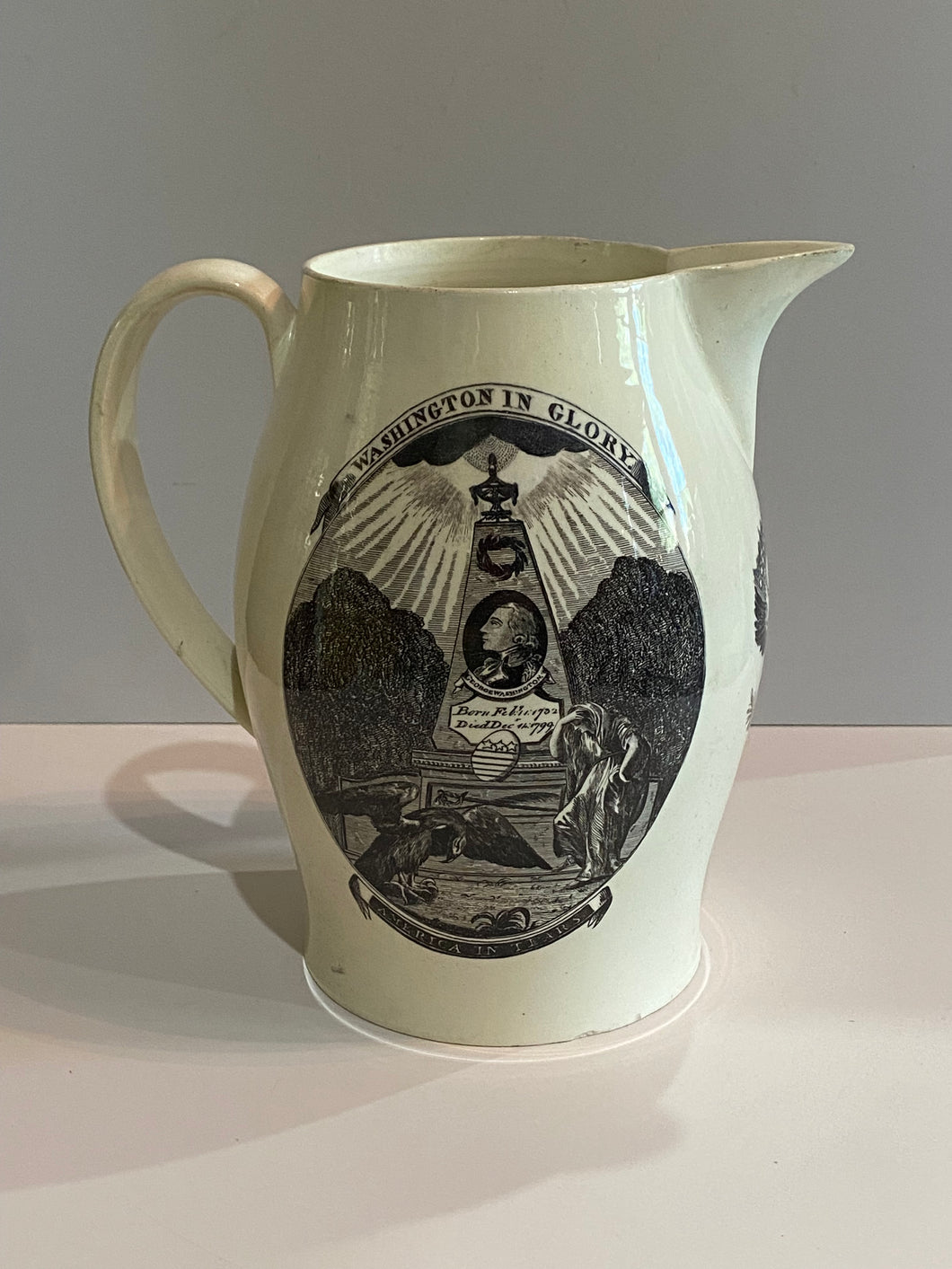 Staffordshire Creamware Liverpool Pitcher Washington in Glory and American Ship