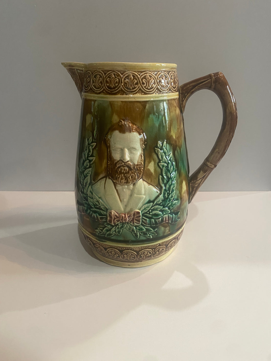 Majolica Pitcher With William McKinley and James Garfield
