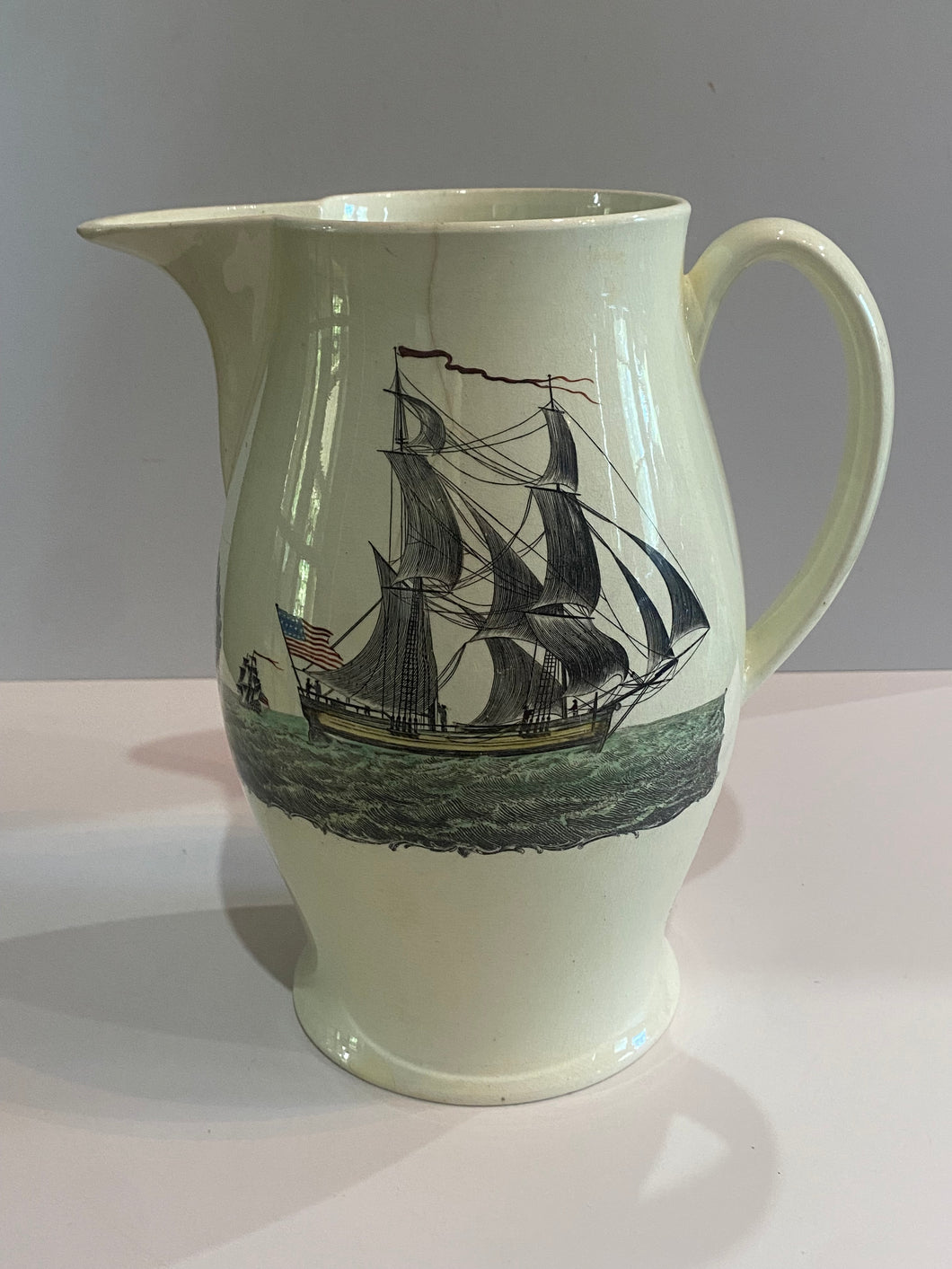 Staffordshire Creamware Liverpool Pitcher Polychrome American Ship Liberty and Independence Washington Poem
