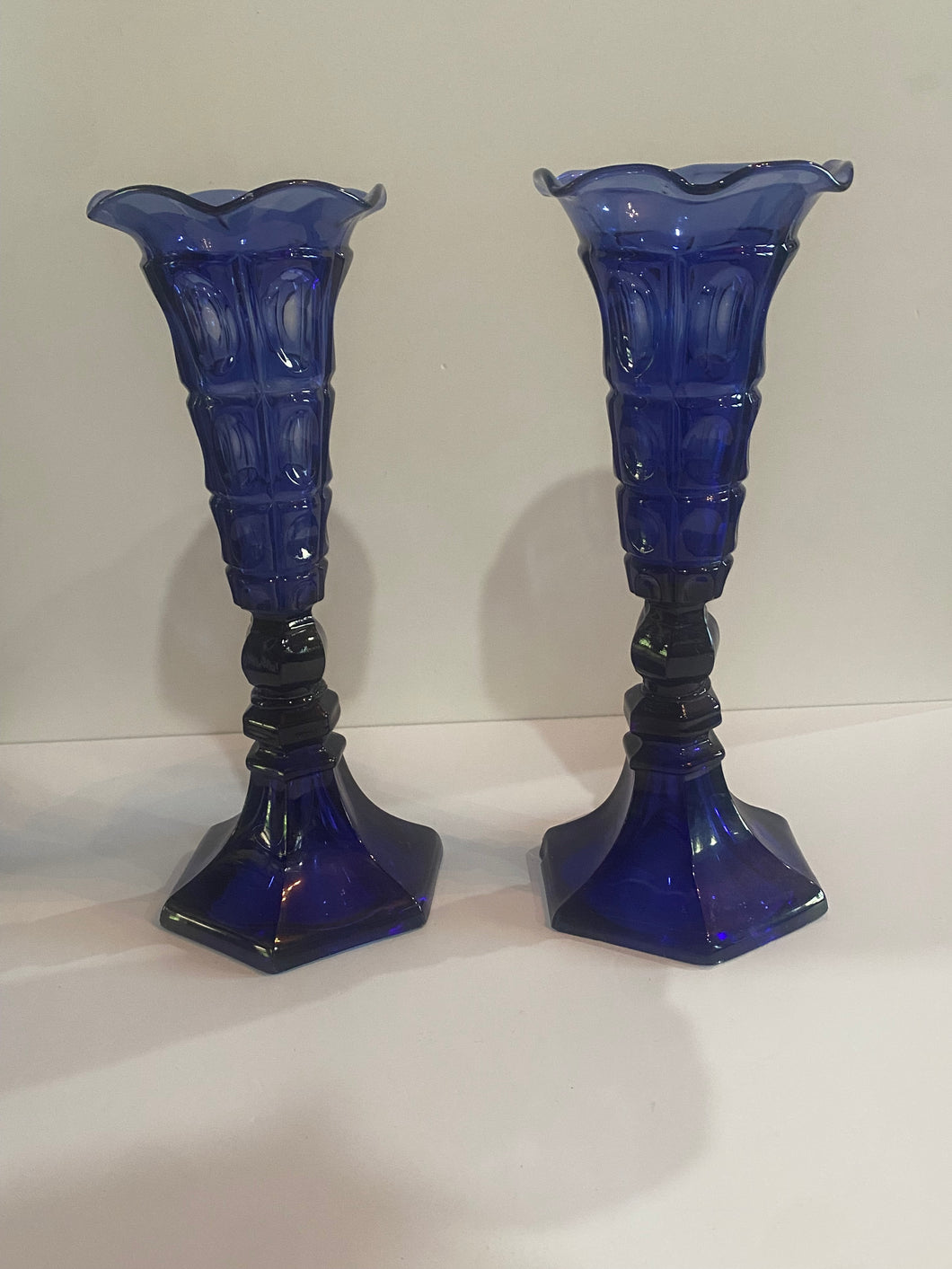 Boston Sandwich Glass Blue Vase 4 Thumbprint Matched Pair Ca. 1840