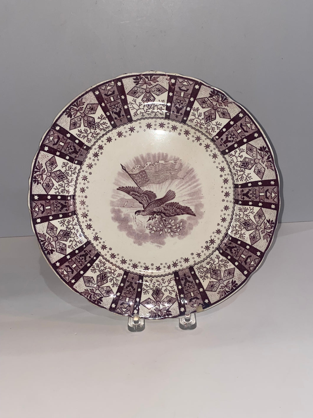 Historical Staffordshire Mulberry Transfer Dinner Plate with Eagle and American Flag Ca. 1835