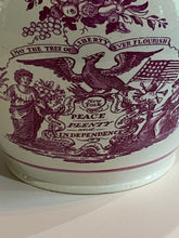 Load image into Gallery viewer, Historical Staffordshire Peace, Plenty and Independence and Success to the United States Pink Luster Pitcher Ca. 1820
