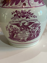 Load image into Gallery viewer, Historical Staffordshire Peace, Plenty and Independence and Success to the United States Pink Luster Pitcher Ca. 1820
