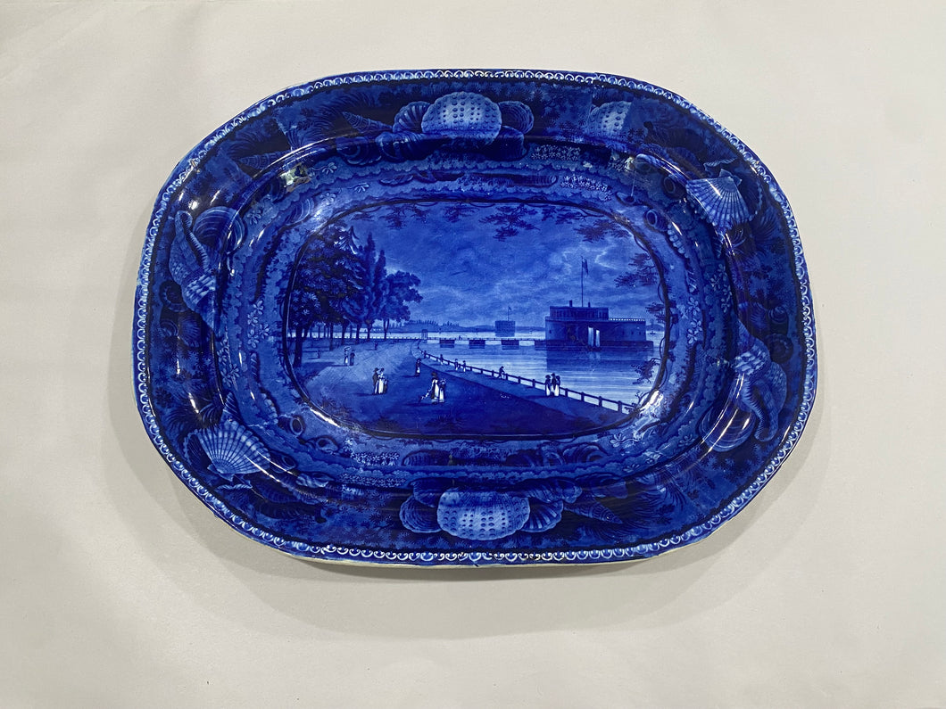 Historical Staffordshire Blue Castle Gardens Battery New York Large Platter 20 1/2”
