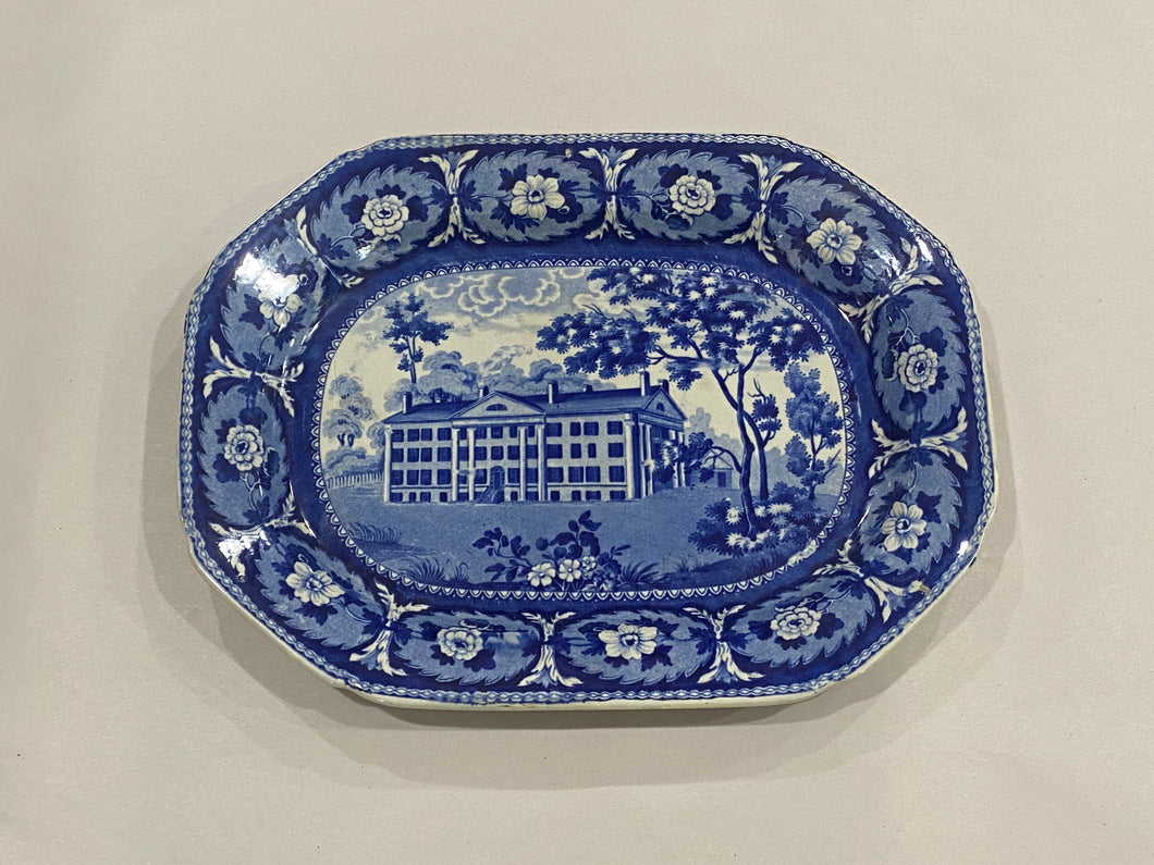 Historical Staffordshire Blue Platter Hartford Connecticut Deaf and Dumb Asylum