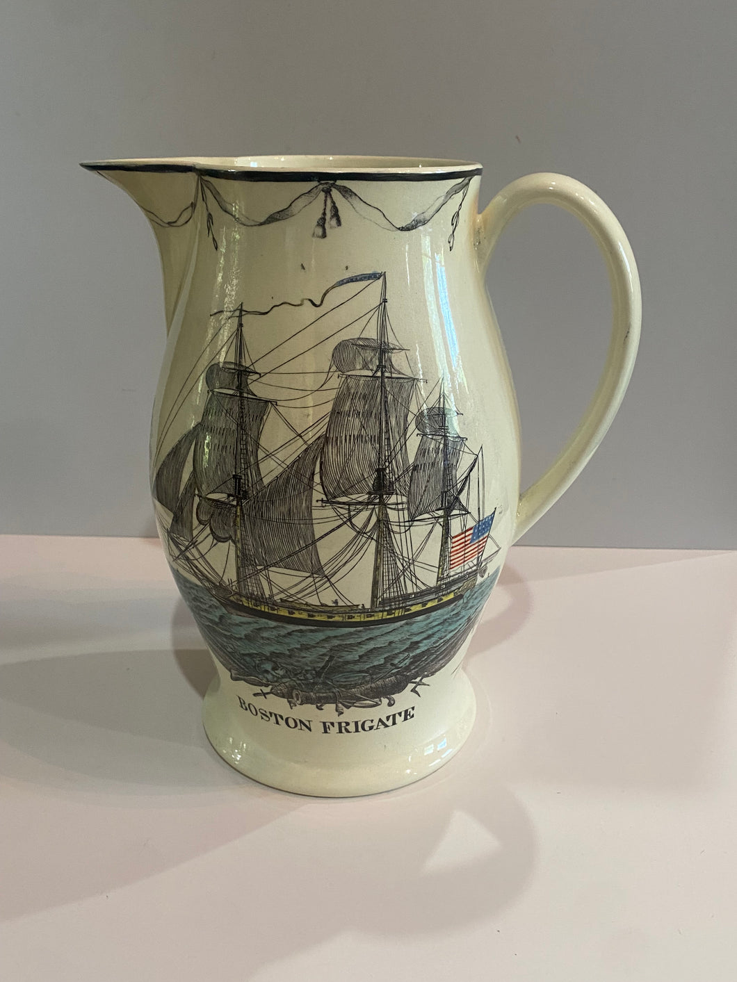 Staffordshire Creamware Liverpool Pitcher Boston Frigate Polychrome Ship Building Scene